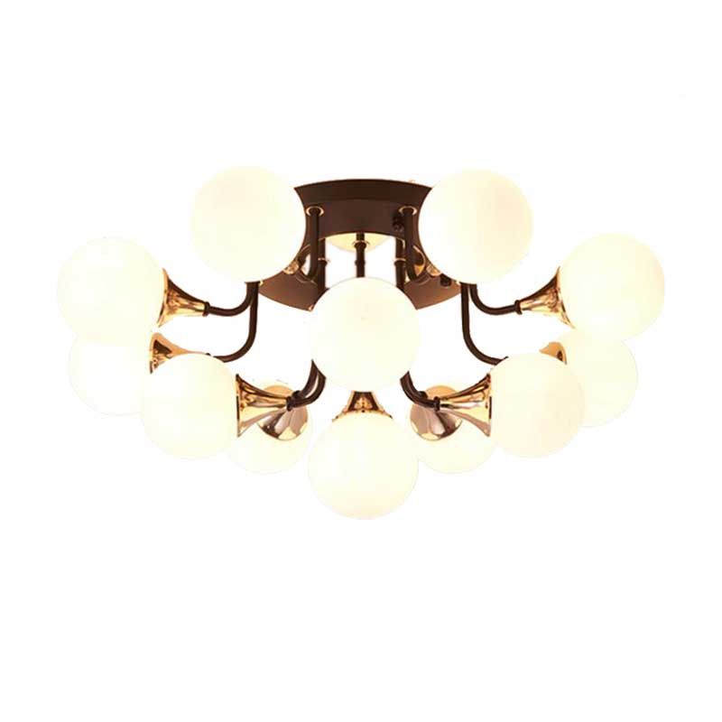6/10/13 Lights Corridor Semi Flush Chandelier Milk White Glass Shaded Sphere Ceiling Mounted Light in Black