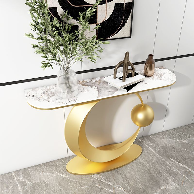 Half Moon Contemporary Console Accent Table Antique Finish Console Sofa Table in Stone