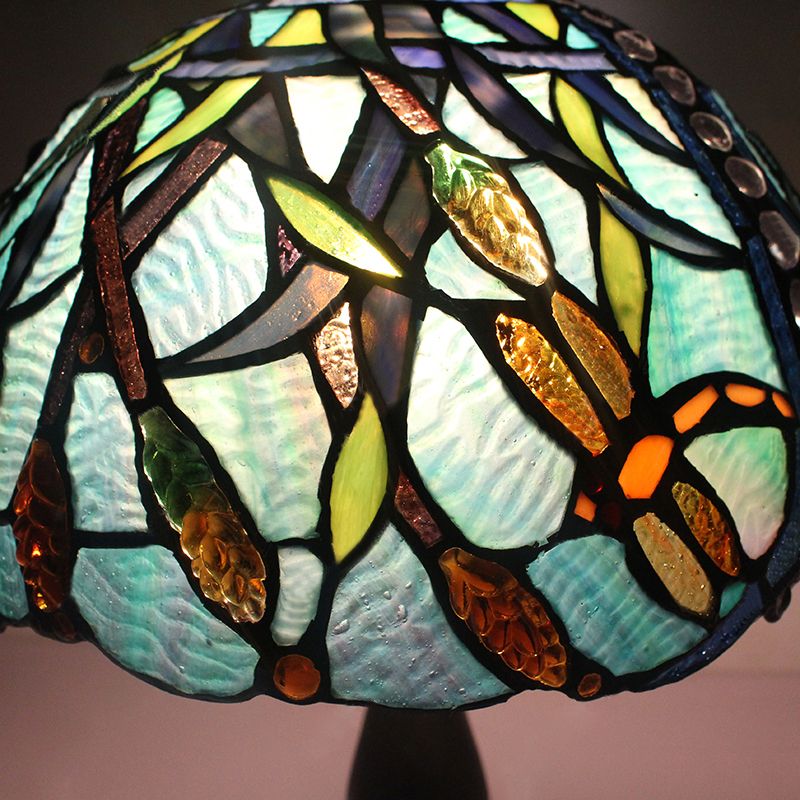 Restaurant Plug In Desk Light Stained Glass 1 Head Tiffany Rustic Reading Light with Peacock Tail/Dragonfly Design in Green