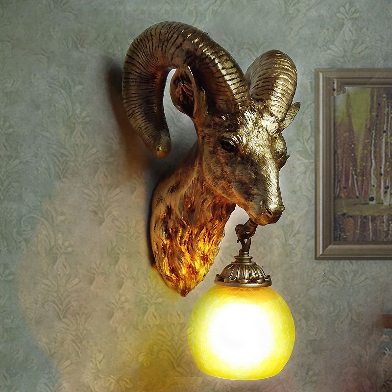 Resin Gold Sconce Lamp Goat 1-Light Country Style Wall Mounted Lighting with Crystal/Glass Shade