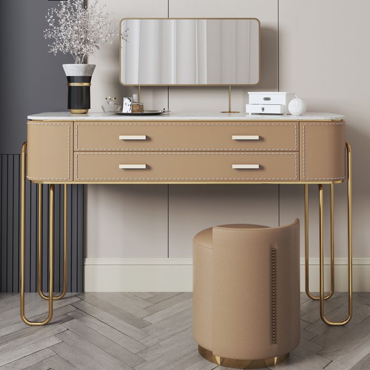 2 Storage Drawers Mirrored Vanity Set Genuine Leather Make-up Vanity