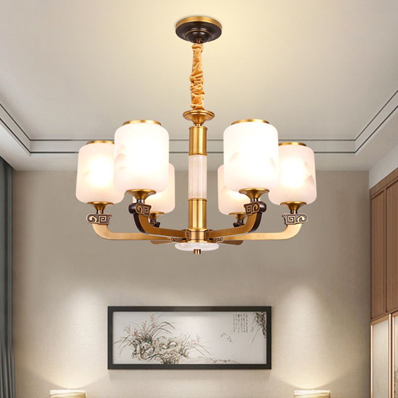 Frosted glazen cilinder hanger licht retro 6/8-bulb woonkamer kroonluchter met landschapsafdruk