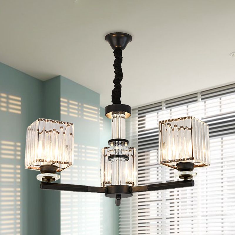 Rectangle-Cut Crystal Sputnik Chandelier Modernism 3/6/8 Lights Black Ceiling Light Fixture