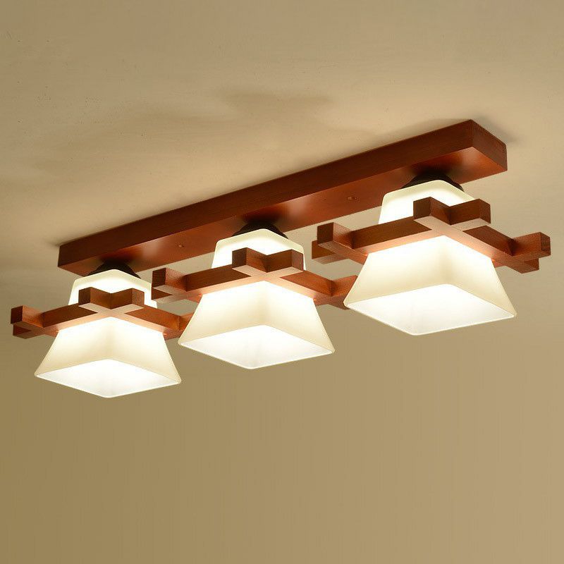 Pagoda Shaped Flush Ceiling Light Nordic Frosted White Glass Coffee Semi Mount Lighting with Wooden Frame