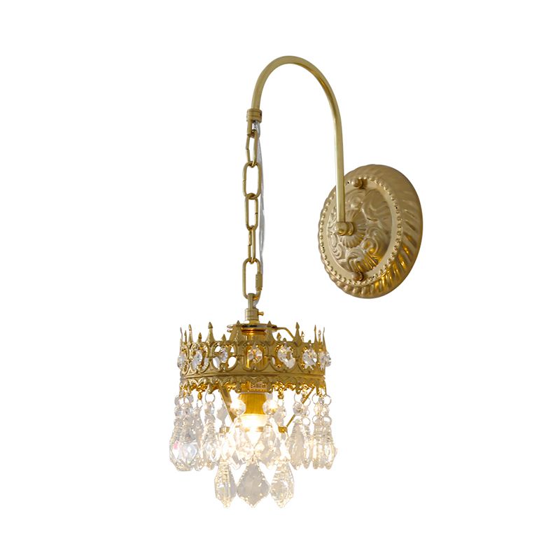 Traditionalism Crown Wall Light Sconce Metallic 1 Light Living Room Wall Lamp in Brass/Black with Crystal Droplet