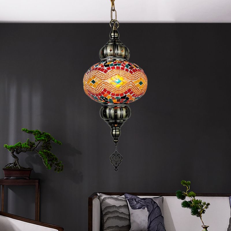 1 Head Cut Glass Ceiling Pendant Light Traditional Beige/Yellow/Blue Oval Dining Room Hanging Light Fixture