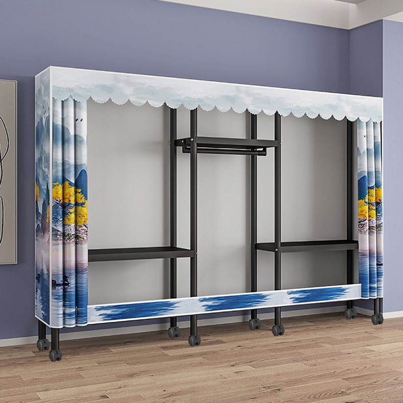 Black Steel Frame Wardrobe Modern Style Wardrobe Armoire with Caster Wheels