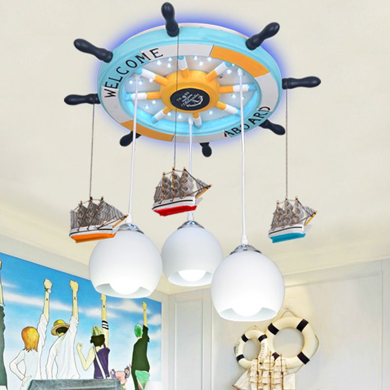 White Glass Dome Flushmount Creative 3-Head Semi Flush Ceiling Light with Rudder Canopy and Boat Decor
