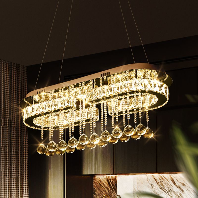 Stainless Steel Oblong Island Light Modern LED Crystal Pendant Lighting Fixture with Ball Tassel