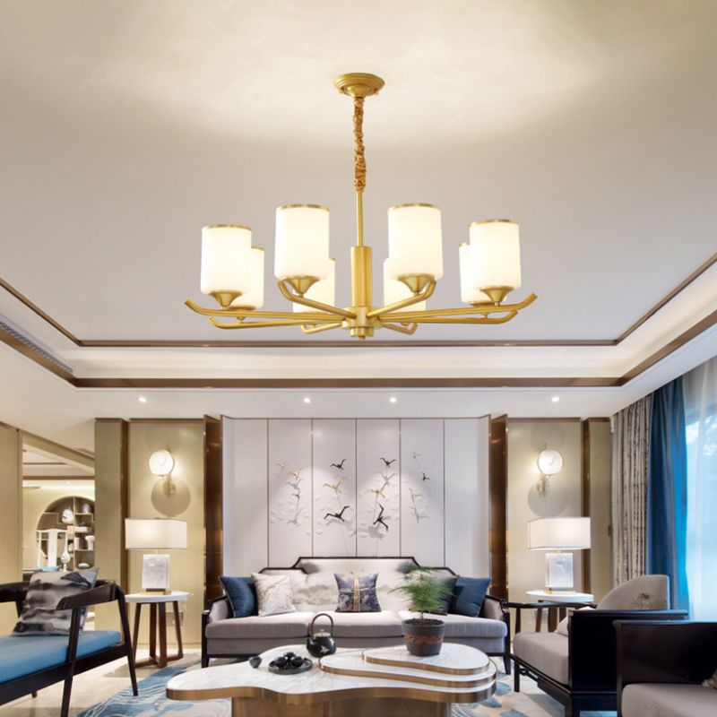 Gold Modern Simplicity Metal Chandelier Cylindrical Grosted Glass Shade Multi-Lights Prowing Lampe pour le salon