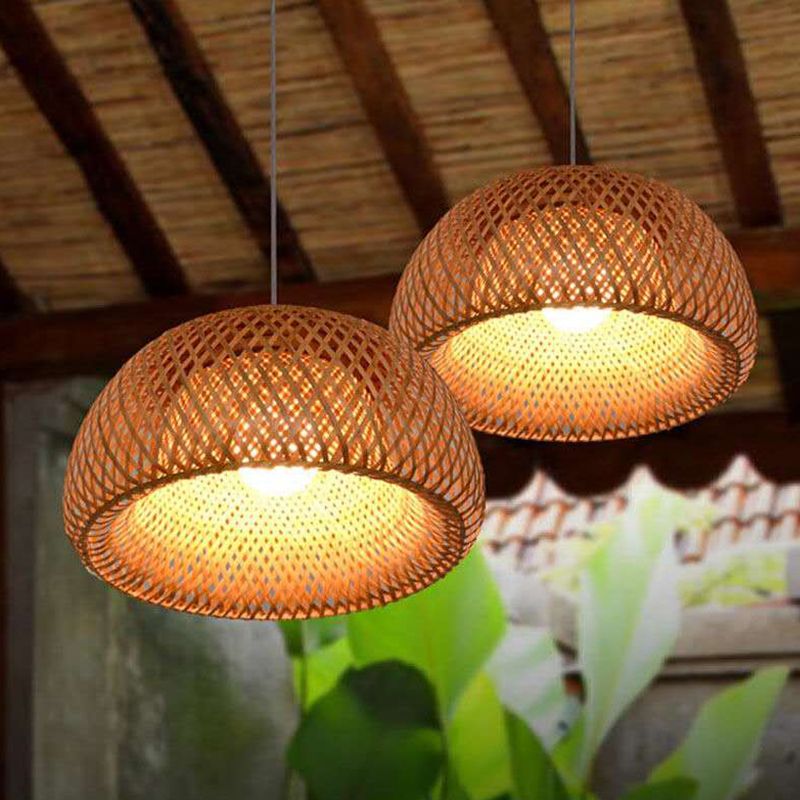 Dome Shade Pendant Light Fixture Asian Bamboo 1 Bulb Dining Room Drop Light