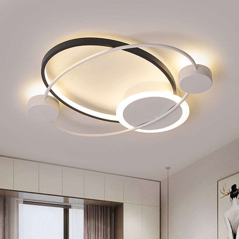 Planet Orbit Flushmount Lighting Modern Metal 21.5"/25.5" W LED Black-White Ceiling Mounted Fixture in Warm/White Light
