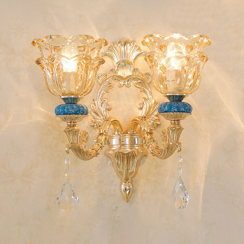 Ruffled Edge Living Room Chandelier Light Retro Handblown Glass Gold Pendant Light Fixture with Crystal Draping
