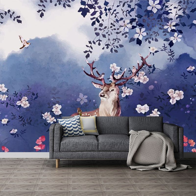 Purple Art Deco Wall Paper Murals Large Deer in Flower Field Wall Covering for Bedroom