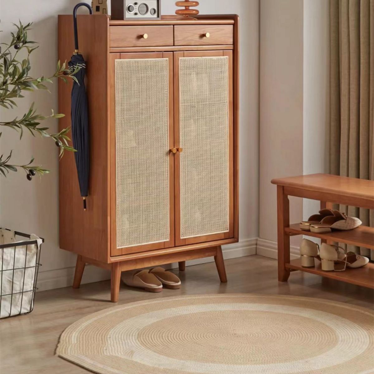 Mid-Century Modern Rectangle Storage Cabinet Natural Finish Accent Cabinet