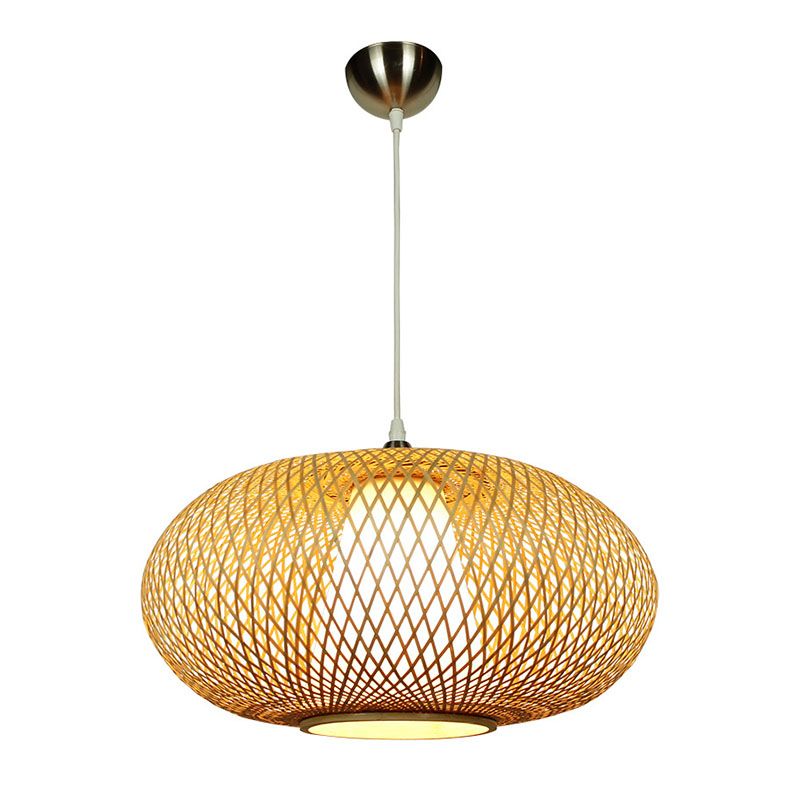 Criss Cross Weaving Hanging Lamp Chinese Bamboo 1 Bulb Tearoom Pendant Light Kit in Wood