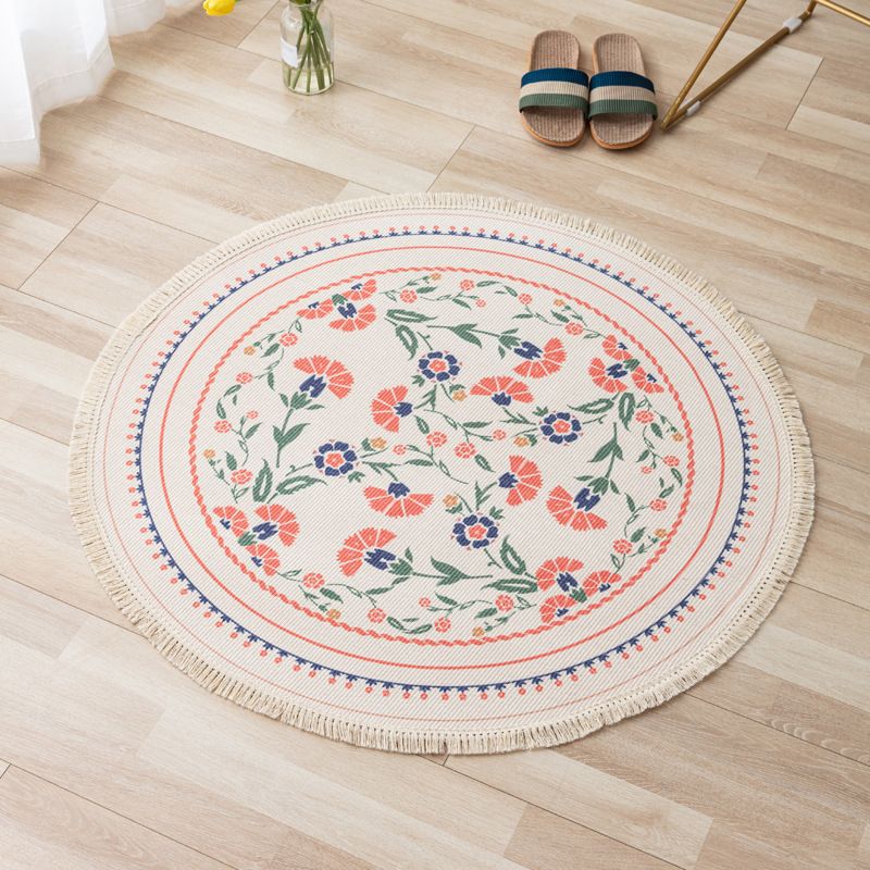 Fancy Bohemian Area Carpet Beige Polyester Area Rug Easy Care Fringe Rug for Living Room