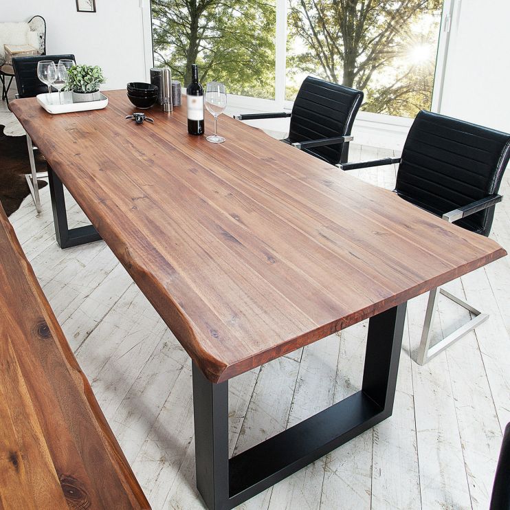 Rectangle Sled Base Industrial Table Wood Color Fixed Table with Solid Wood