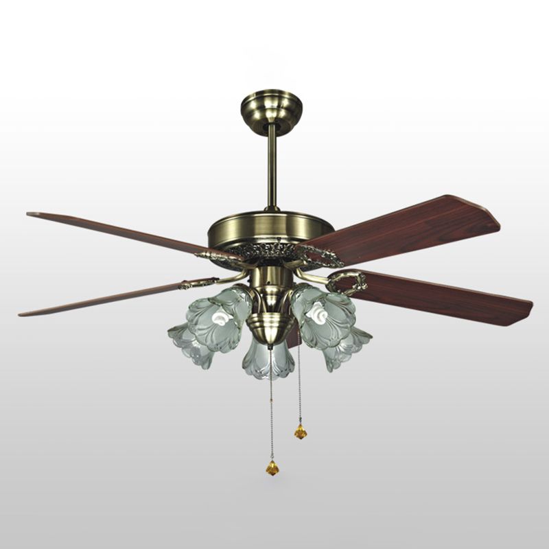 4-blade retro bloemige schaduw plafondventilator licht 5 bollen 52 "w rookgrijs glas semi-montage verlichting met trekketting