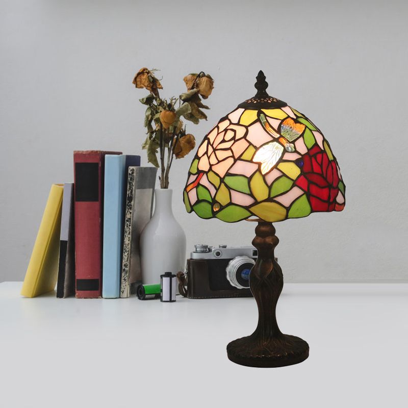 Cut Glass Rose/Lotus Night Table Lamp Baroque 1 Light Red/Pink Nightstand Lighting with Baluster for Bedroom