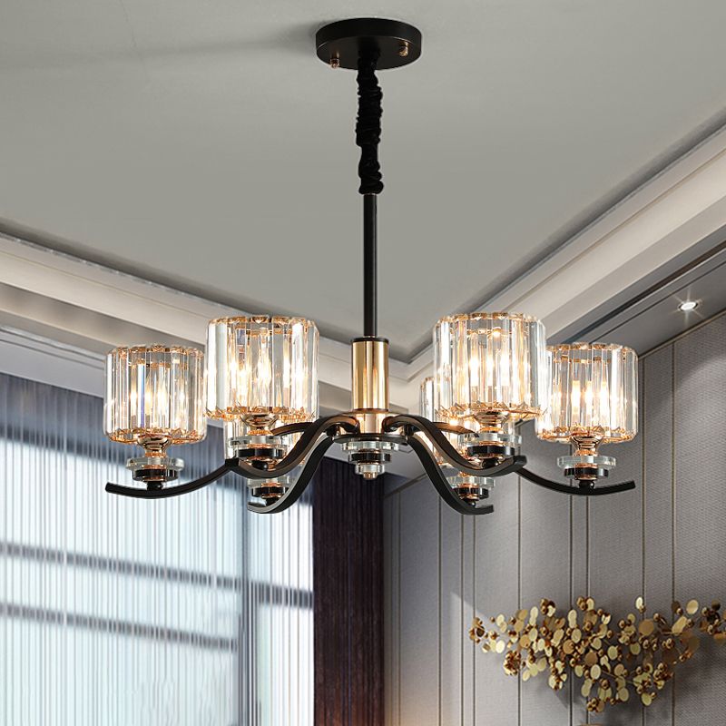 Simple Cylinder Hanging Ceiling Light Crystal Prisms 6-Bulb Bedroom Chandelier Lamp in Black