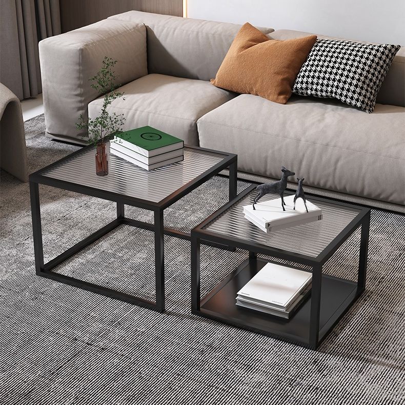 Contemporary Square Nesting Coffee Table Set with Glass Top and Iron Base