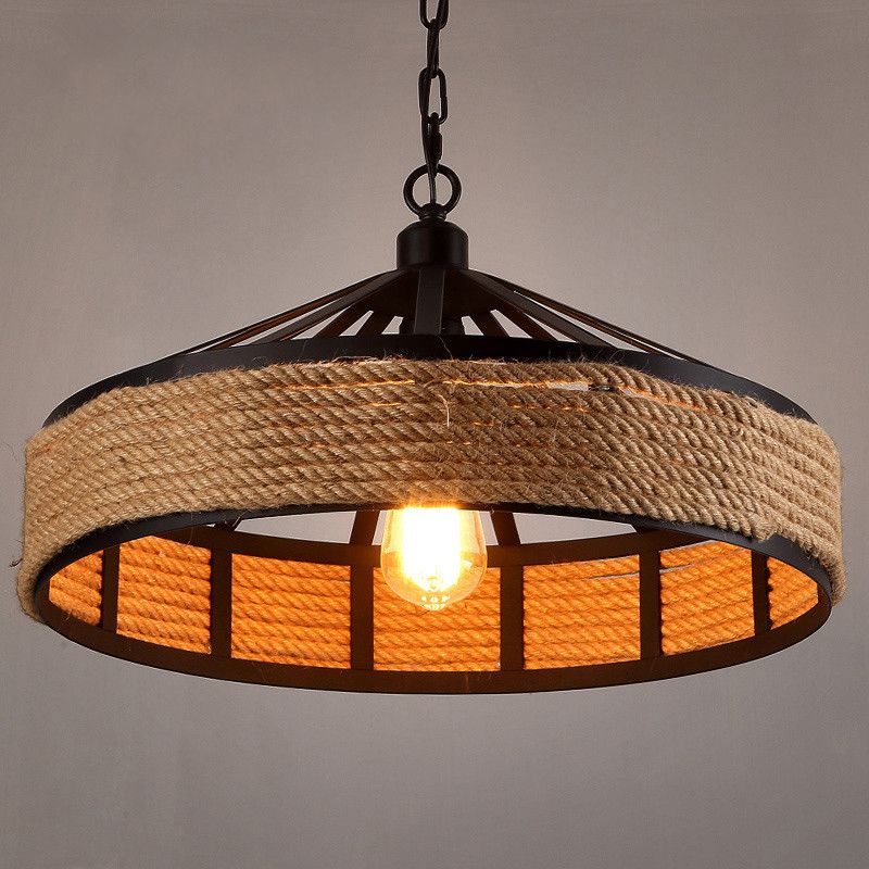 Scheune Metall Hanging Deckenleuchte Antiquled 1 Lampenrestaurant Jute Seilpendant in Schwarz