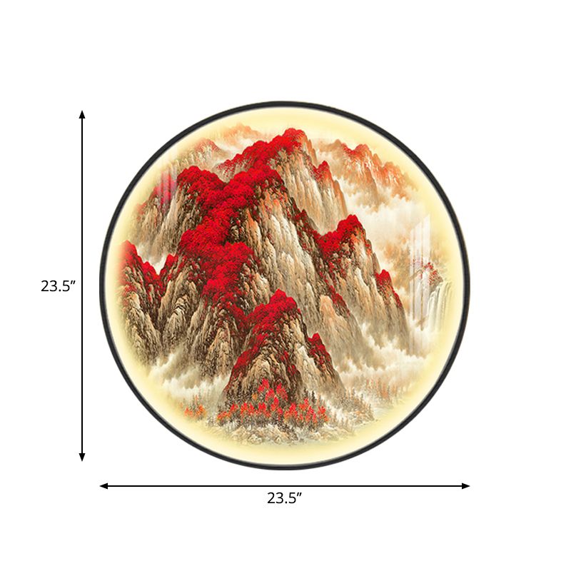 Red Circular Mountain Patterned Wall Lamp Oriental Style LED Metallic Mural Light for Guest Room