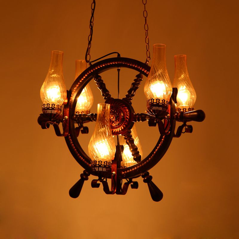 Clear Water Glass Brown Chandelier Lamp Vase 6 Lights Warehouse Hanging Light Fixture with Wood Rudder Design