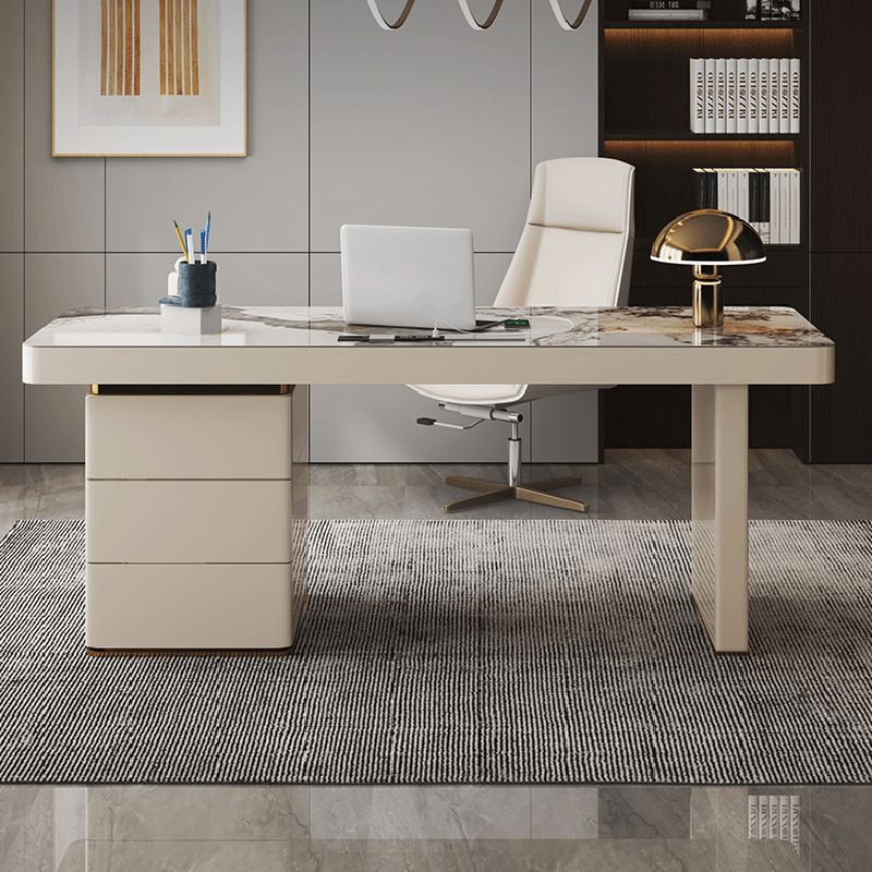 Beige Rectangular Writing Desk Glam Cable Management Office Desk with Drawers