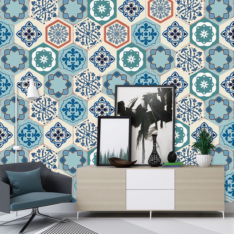 Aqua Bohemian Stick Wallpaper Panel 5.9-sq ft Flower Print Wall Art for Living Room
