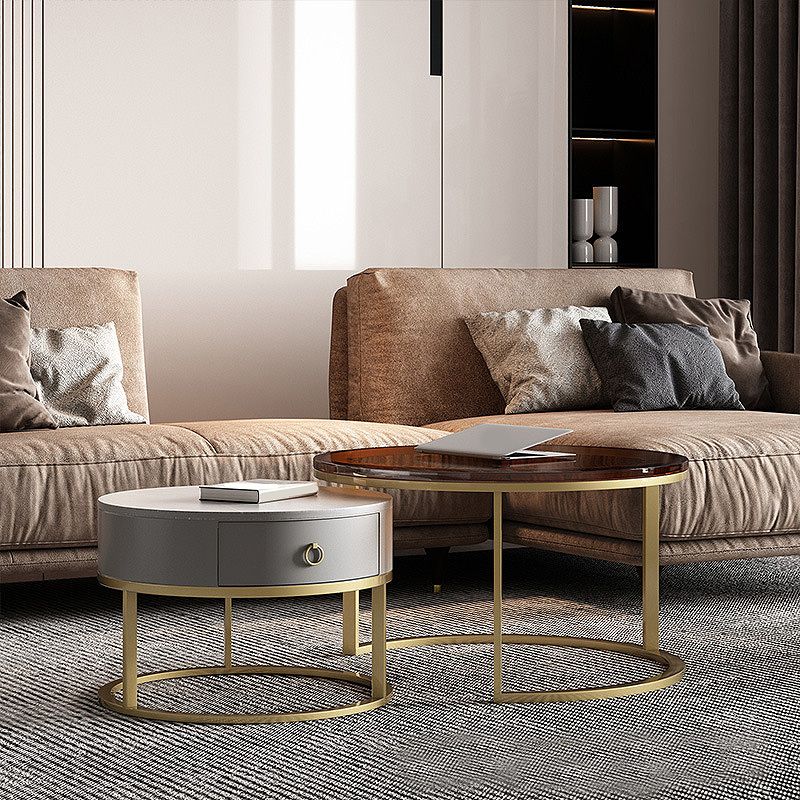 Modern Style Tempered Glass & Rock Sheet Top Gold Metal Base Round Coffee Table