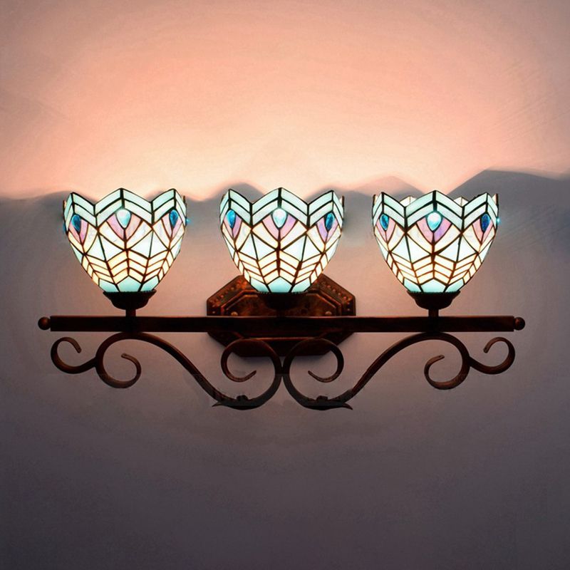 Stained Glass Peacock Wall Light 3 Lights Tiffany Classic Wall Sconce in Pink/Orange/Blue for Bedroom Lighting