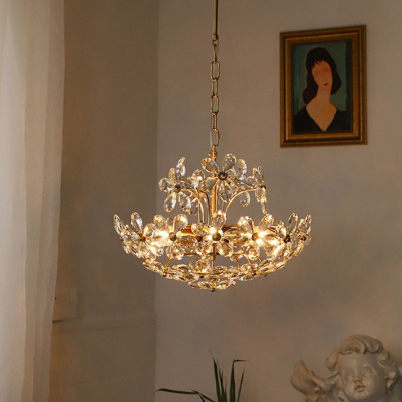 Vintage Brass Art Deco  Hanging Chandelier Light  Floral Clear Crystal  Interior Drop Lamp