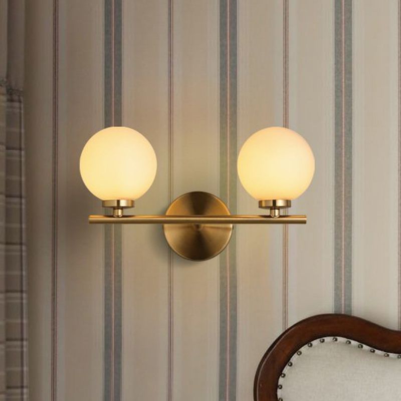 2 Bulbs Bedside Wall Lamp Modern Gold Sconce Light Fixture with Ball Milky Glass Shade