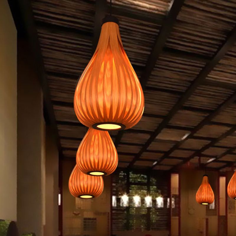 Brown/White Water Drop Pendant Light Asian Style Wooden Single Head Hanging Lamp over Dining Table