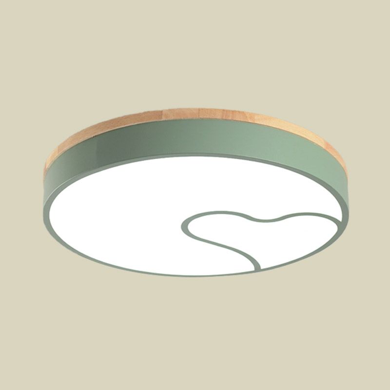 Macaron Rounded Iron Ceiling Flush LED Flush Mount Lighting with Wave Pattern in Green/White/Grey and Wood