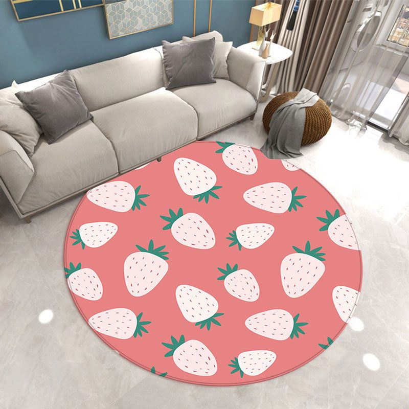 Round Strawberry Print Carpet Polyester Modern Rug Stain Resistant Indoor Carpet for Home Decoration