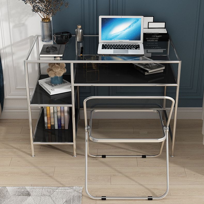 Glass Rectangular Writing Desk Contemporary Style Office Desk with Storage Shelves