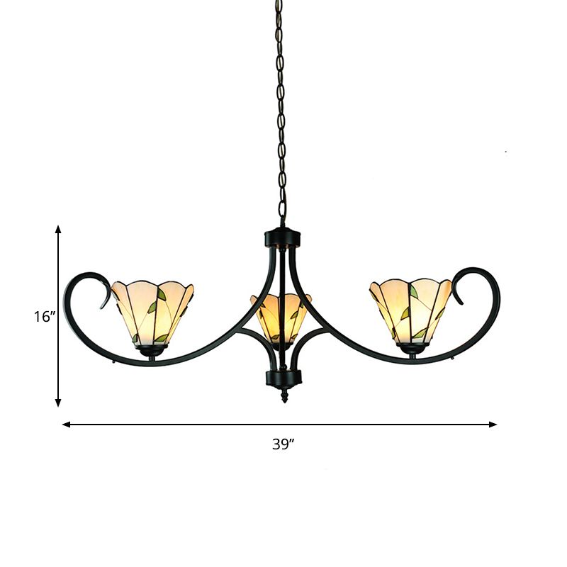 Rustic Leaf Foyer Pendant Light with Cone Shade and 14" Chain Adjustable 3 Lights Beige Glass Chandelier