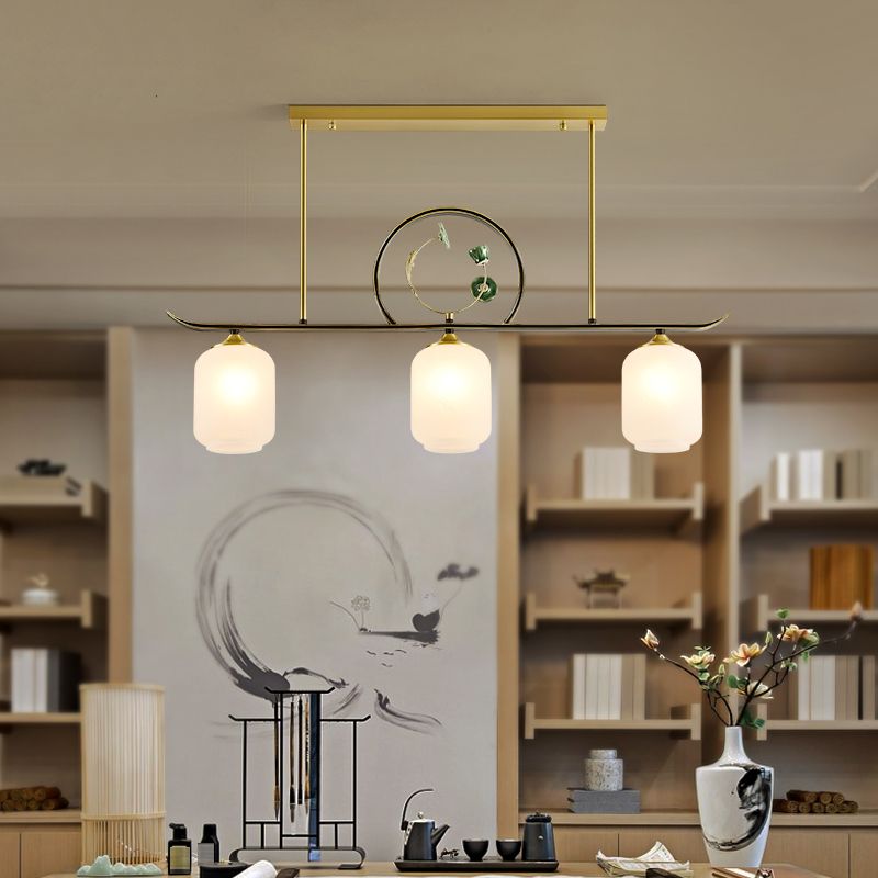 Modern Style Cylindrical Shape Island Lights White Glass 3-light Island Lighting in Gold