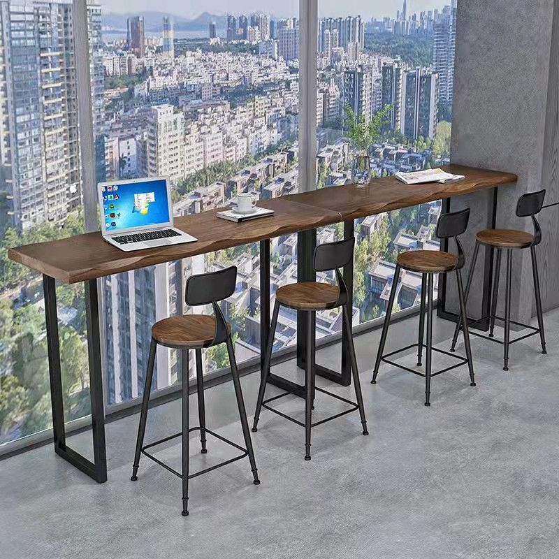 Wood Bar Table Modern Rectangle Bar Dining Table with Double Pedestal for Living Room