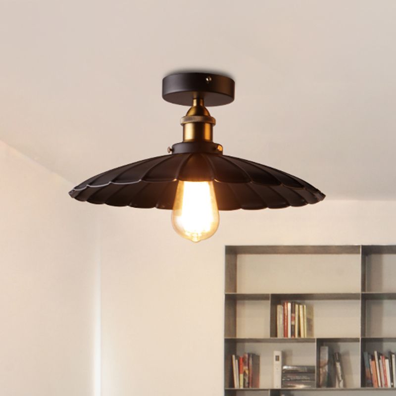 1 Light Round Shade Semi Flush Mount Light Industrial Iron Ceiling Lamp