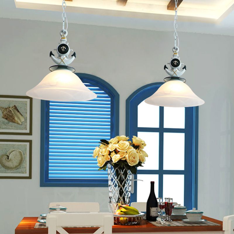 Bell Opalglas hängend hängendem Licht modernistischer Stil 1 Kopf Blau/Weiß Finish Anhänger Beleuchtung mit Anker -Deco