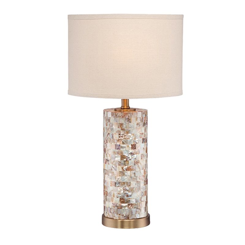 Shell Patchwork Column Nightstand Light Minimalist 1 Head Parlor Table Lamp with Cylinder Fabric Shade in Flaxen/White