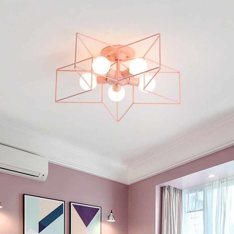 Pentacle Frame Iron Flush Mount Light Kids 5-Bulb Pink/Grey/Blue Semi Flush Ceiling Light for Baby Room