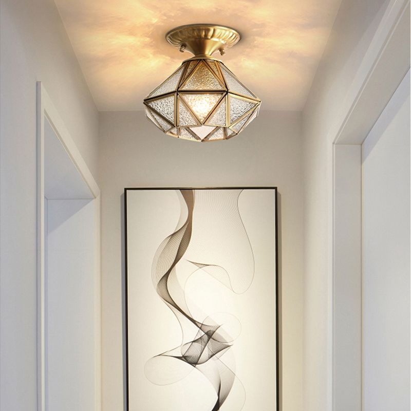 Vintage Prismatic Ceiling Flush Mount Glass Semi Flush Mount Light in Brass