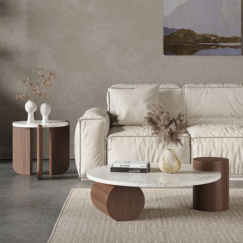 White Round Coffee Table Terrazzo and Pine Wood Cocktail Table Set