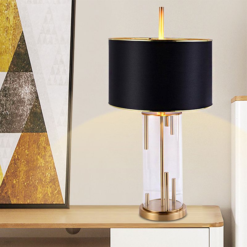 Lámpara nocturna de forma de tambor tradicional 1 lámpara de mesa nocturna de tela de bulbo en negro con cilindro base de vidrio transparente