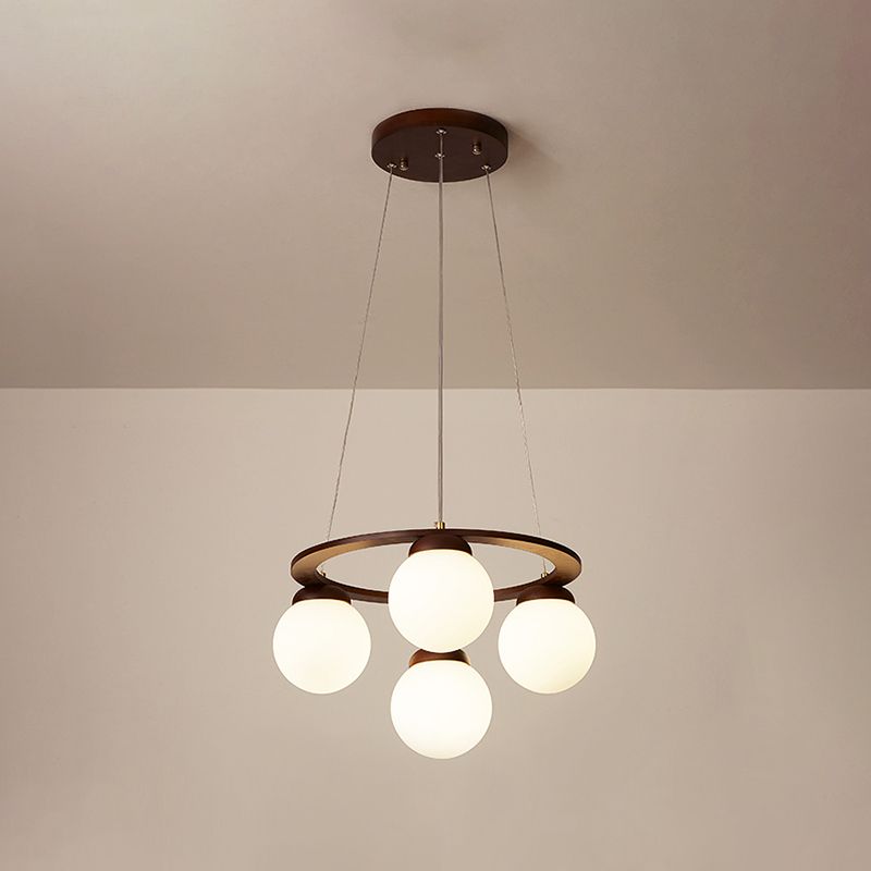 Houten cirkelvormige kroonluchter eenvoud hangend licht met bol wit glazen schaduw